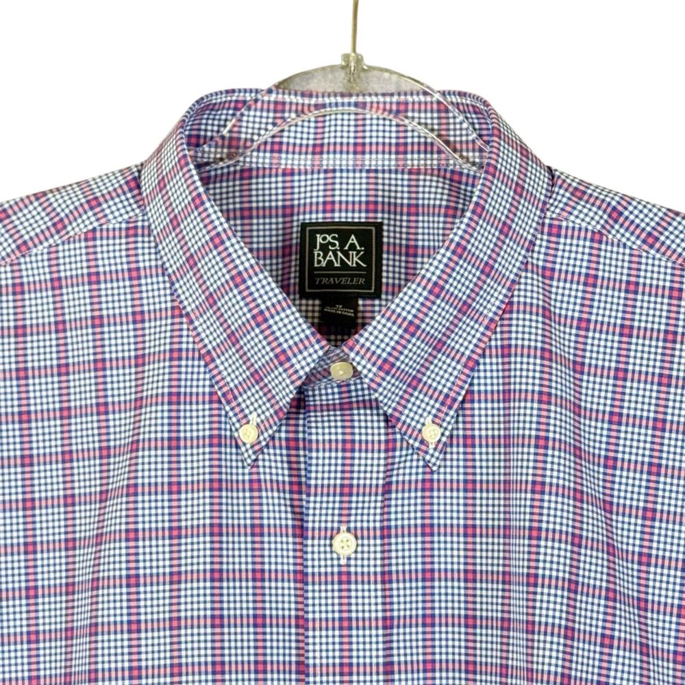 Jos A Bank Traveler Collection Shirt Men 2X Red Blue Plaid S/S Button up Pocket